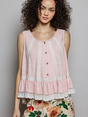 💗Hello Gorgeous!POL Lace Trim Ruffle Hem Button Detail Cami Tank Top- Blush Pink
